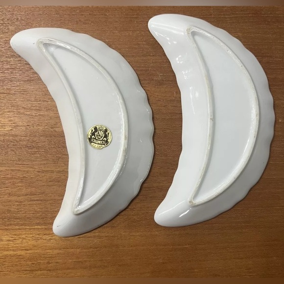 Vintage Bone Dish Crescent Moon Set 2 Chadwick Japan MCM Floral Rose Maple Gold - Picture 10 of 10